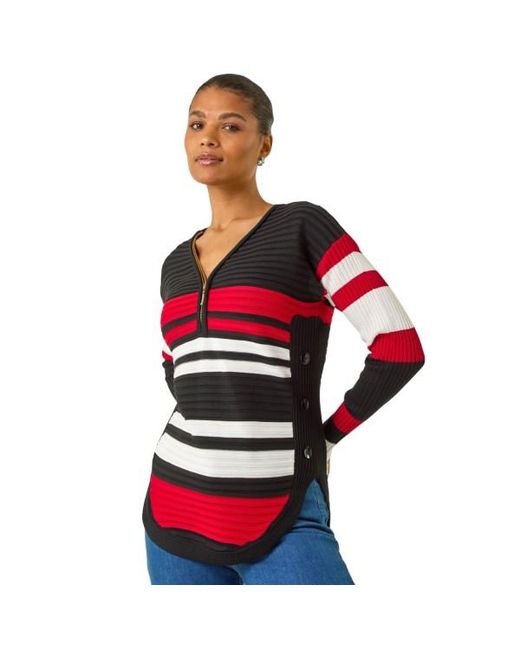 Roman Red Stripe Zip Front Ribbed Knit Jumper