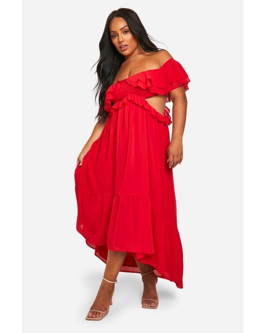 Boohoo Red Plus Ruffle Cold Shoulder Maxi Dress