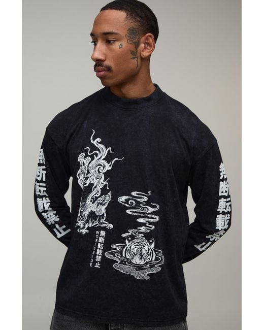 BoohooMAN Black Oversized Tiger Print Washed Long Sleeve T-Shirt for men