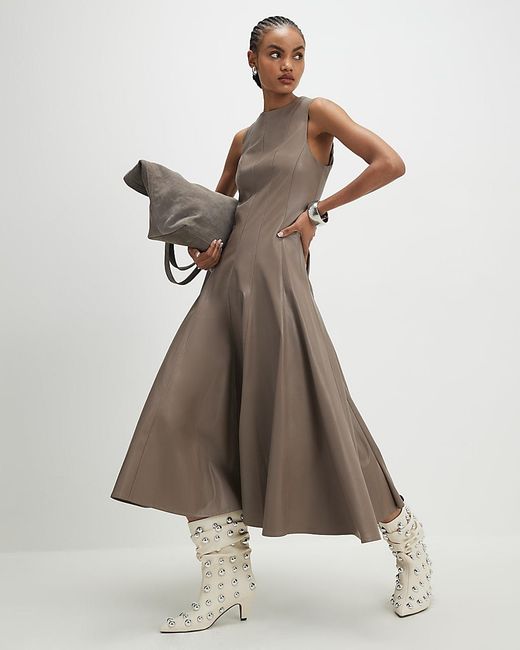 River Island Natural Midi Dress Faux Leather Fitted Waist Pu