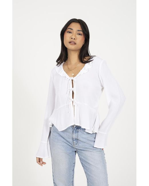 Brave Soul White Bell Sleeve Frill Tie Front Blouse