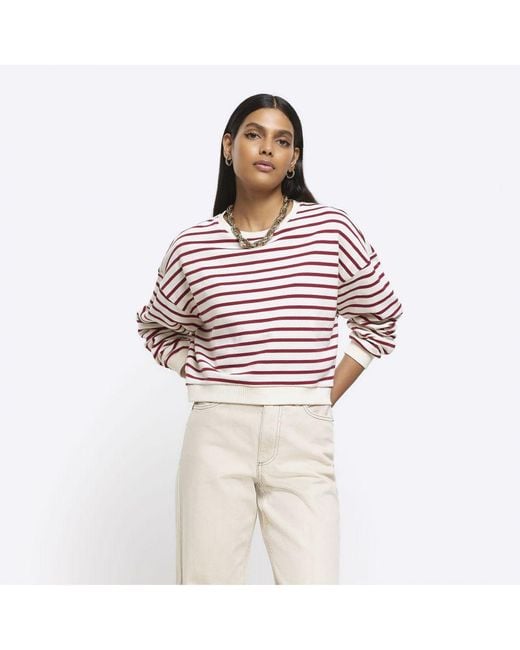 River Island Sweatshirt Red Stripe Cropped Cotton