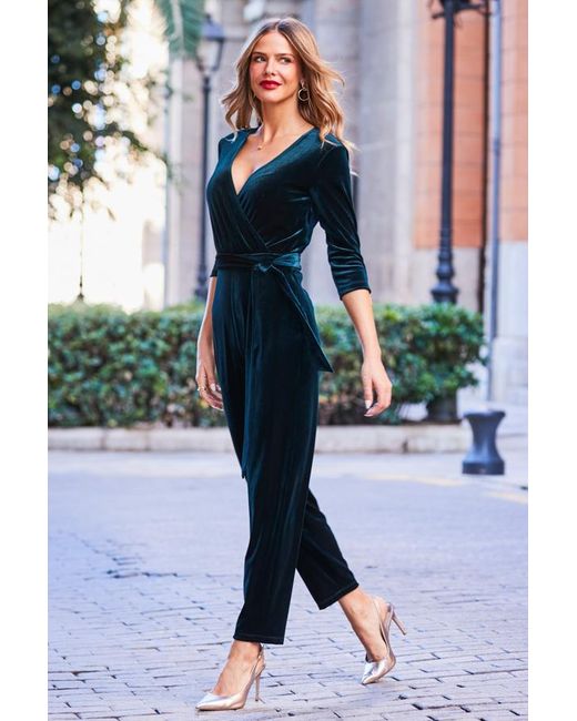 Sosandar Blue Petite Emerald Velvet Zip Detail Wrap Jumpsuit