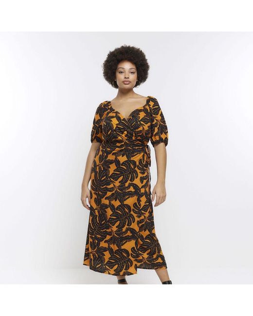 River Island Orange Wrap Midi Dress Plus Leaf Print Viscose