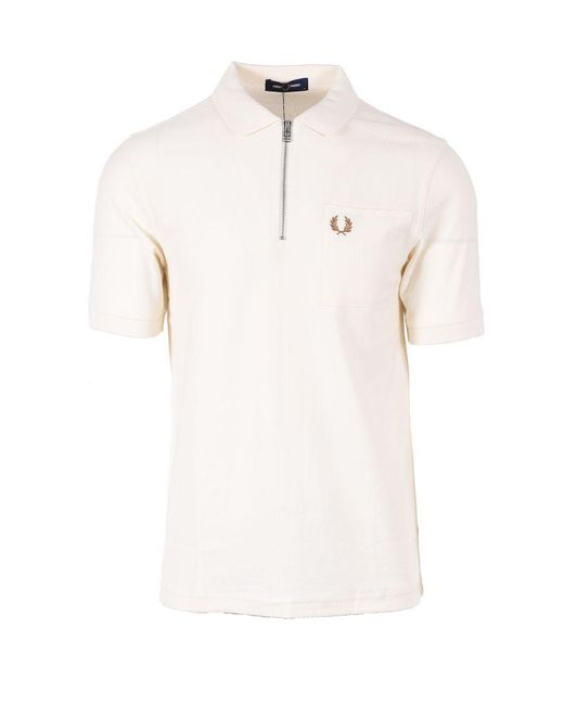 Fred Perry White Textured Zip Neck Polo Shirt Ecru for men