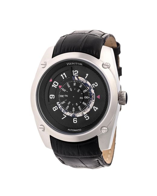 Heritor Black Daniels Semi-Skeleton Leather-Band Watch for men