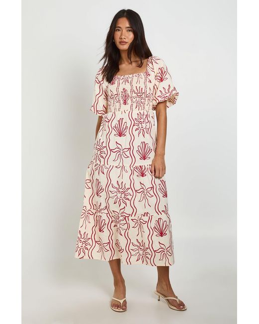 Boohoo Pink Shell Print Linen Look Volume Sleeve Tiered Midaxi Dress