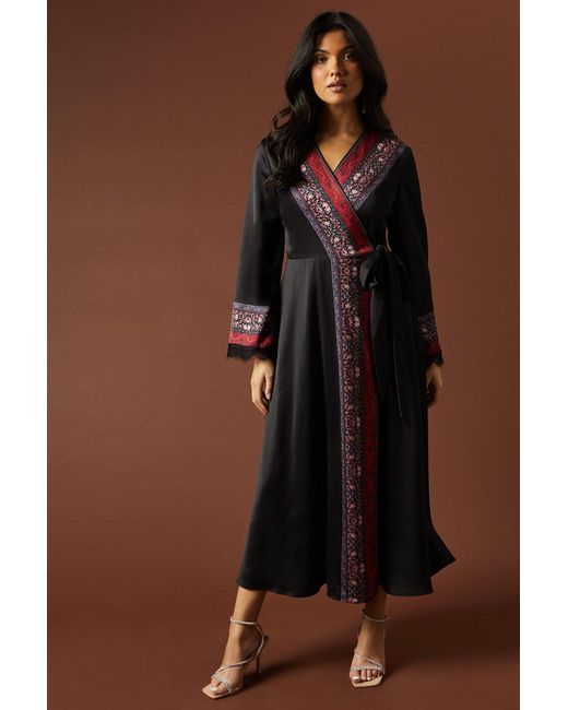Oasis Brown Placement Print Wrap Satin Midaxi Dress