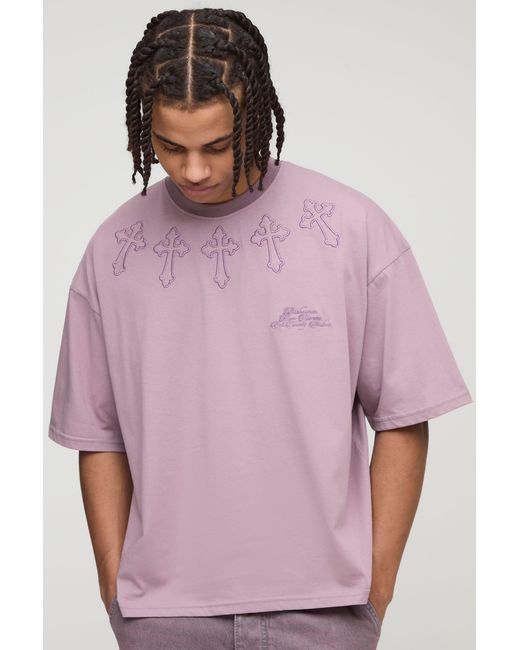 BoohooMAN Pink Oversized Boxy Cross Applique T-Shirt for men