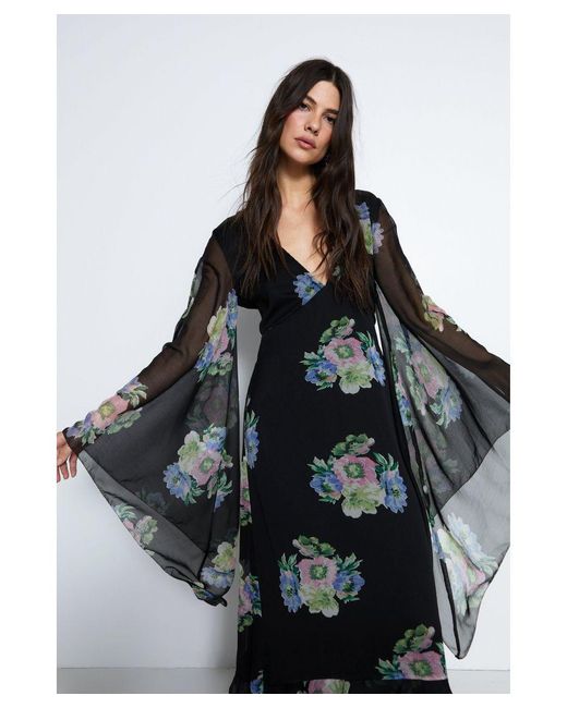 Warehouse Black Waterfall Sleeve Plunge Floral Maxi Dress