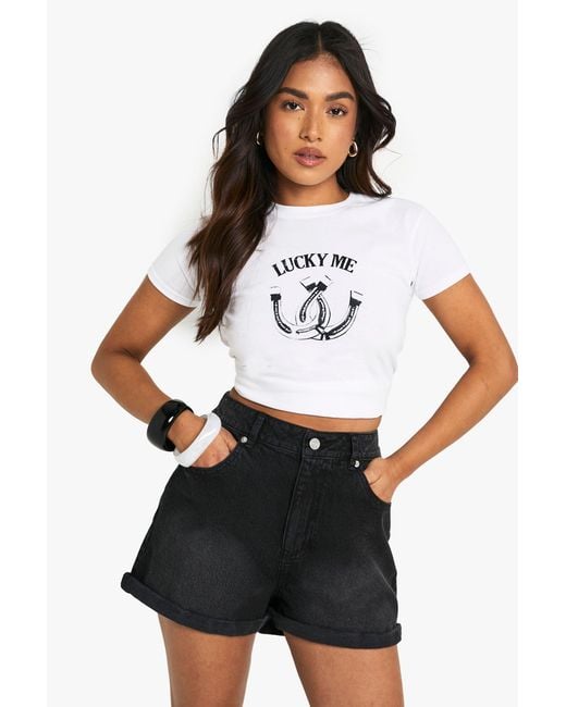 Boohoo White Petite Denim Mom Short