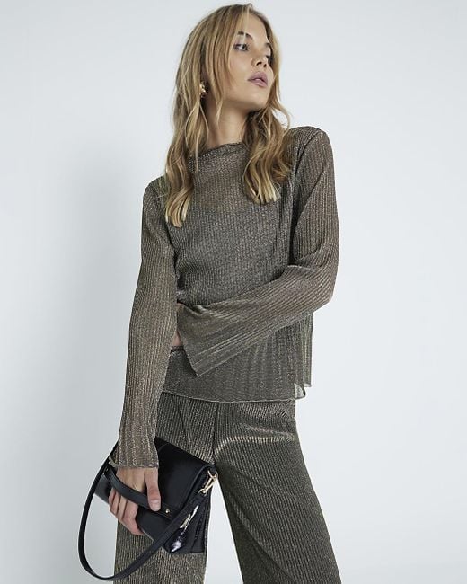 River Island Gray Plisse Top Long Sleeve Flute
