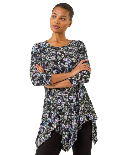 Roman Black Floral Print Asymmetric Stretch Top