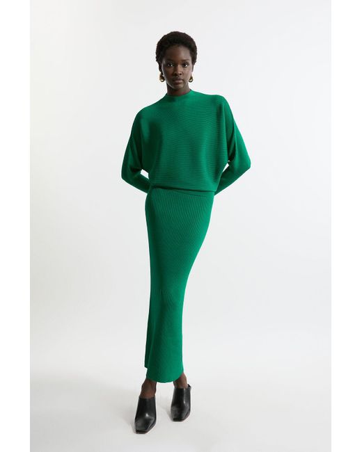 Karen Millen Green Slinky Drape Knit Bat Wing Pencil Midi Dress