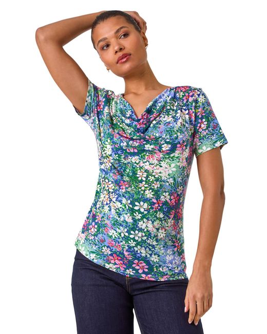 Roman Blue Floral Print Cowl Neck Stretch Top