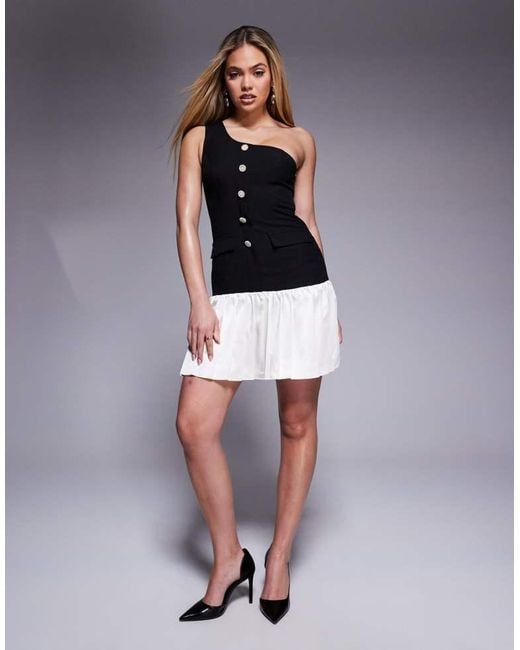 Kaiia Black Exclusive Tailored One Shoulder Button Detail Pleated Drop Hem Mini Dress
