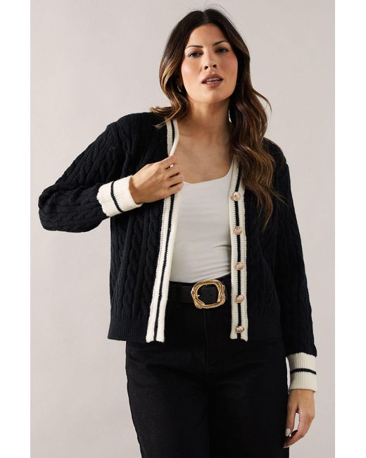 Wallis Black Cable Knit Tipped Button Down Cardigan
