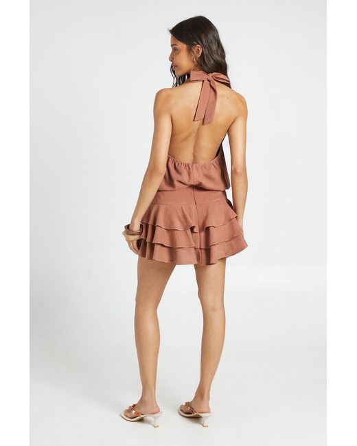 Boohoo Orange Textured Halterneck Ruffle Detail Playsuit