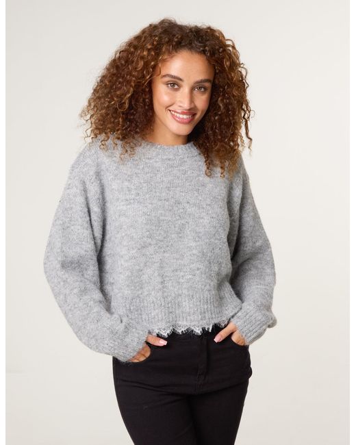 Blue Vanilla Gray Lace Detailed Crew Neck Jumper