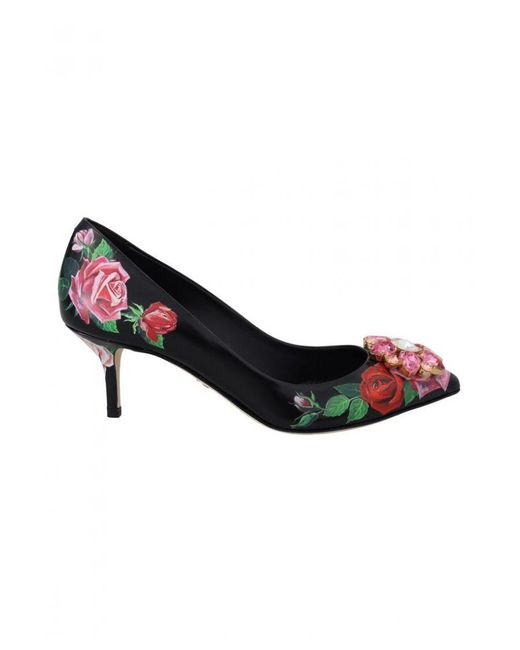 Dolce & Gabbana Black Floral Print Crystal Heels Pumps Shoes Leather