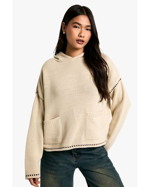 Boohoo Natural Premium Blanket Stitch Detail Knitted Hoody