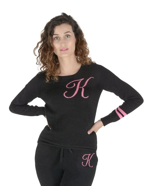 Crown of Edinburgh Cashmere Kroon Van Edinburgh Kasjmier S Zwarte Kasjmier Trui En Joggingbroek Set Met Roze Geborduurde K in het Black