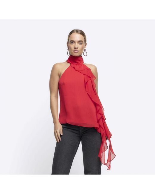River Island Red Blouse Frill Sleeveless