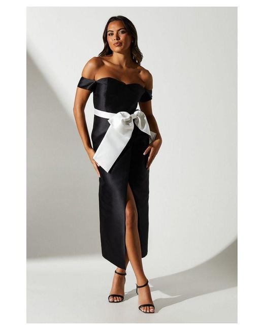 Coast White Twill Bardot Bow Waist Column Gown