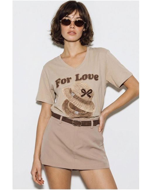 Bianco Lucci Natural Oversized V-Neck Printed T-Shirt