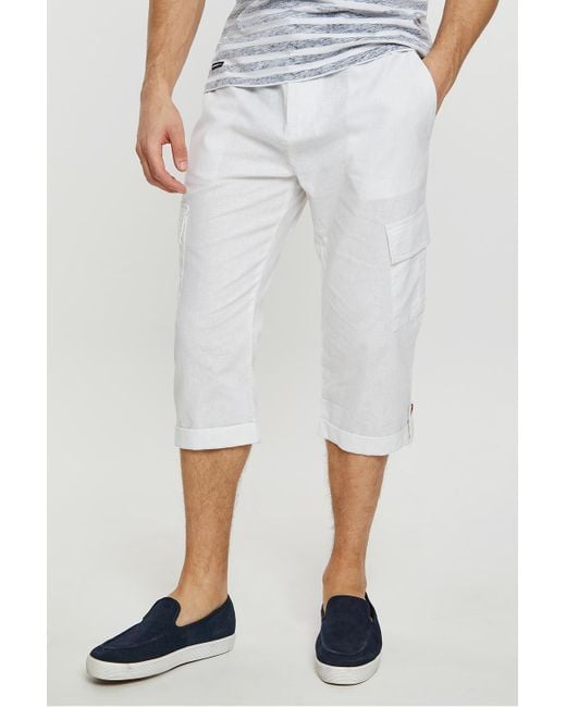 Threadbare White 'Timberlake' 3/4 Length Linen Blend Pull On Cargo Trousers Cotton for men
