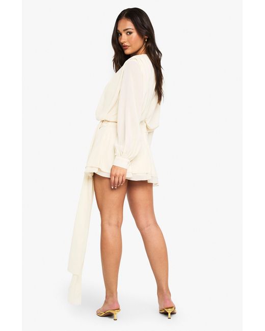Boohoo Natural Petite Chiffon Ruched Drape Smock Dress