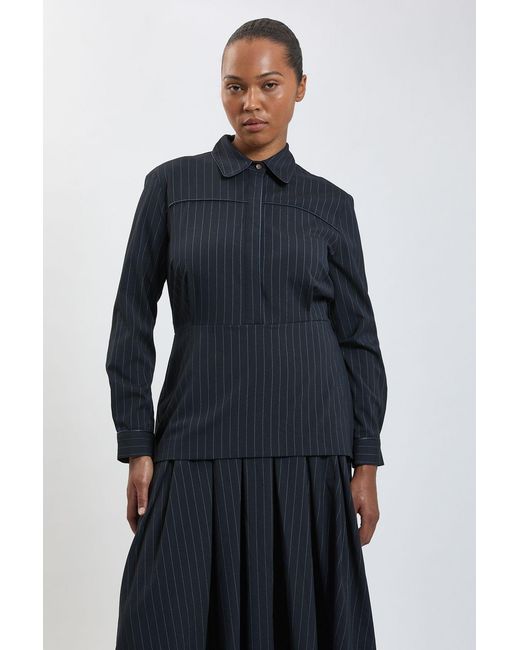 Karen Millen Blue Plus Size Tailored Pinstripe Collared Maxi Dress