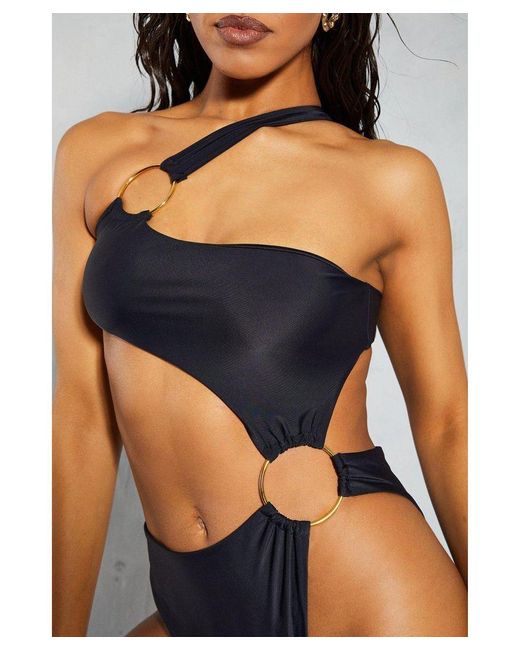 MissPap Black One Shoulder Ring Detail Swimsuit