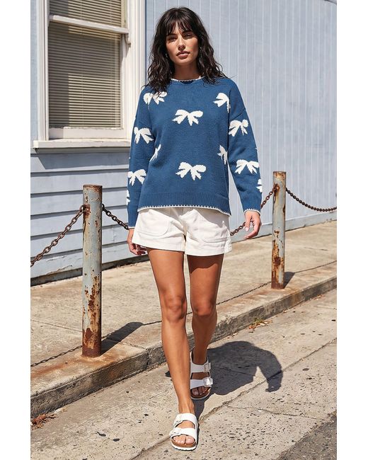 Roman Blue Bow Contrast Stitch Knit Jumper