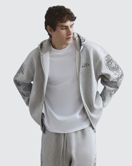 River Island Gray Hoodie Oversized Fit Japanese Dragon Cotton for men