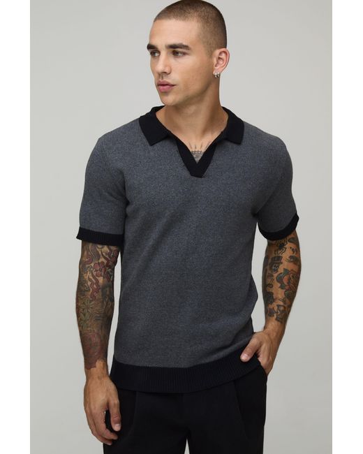 BoohooMAN Gray Regular Fit V Neck Cotton Blend Knitted Polo for men