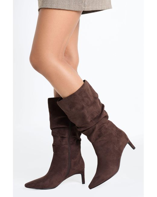 Boohoo Brown Wide Fit Faux Suede Ruched Calf Height Stiletto Boots