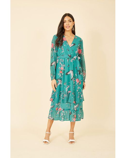 Yumi' Blue Crane Print Long Sleeve Wrap Midi Dress