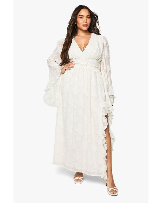 Boohoo White Plus Textured Flare Sleeve Maxi Dress