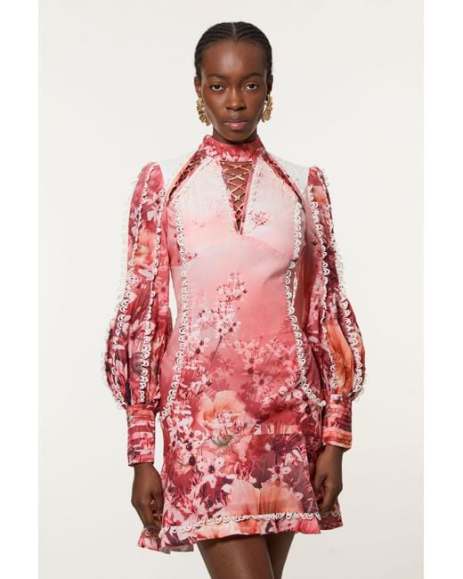 Lydia Millen Pleat Crinkle High Neck Drama Sleeve Woven Midaxi Dress