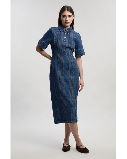 Karen Millen Blue Denim Corset Stitch Detail Pencil Midi Dress