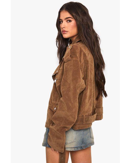 Boohoo Brown Vintage Suede Look Oversized Biker Jacket