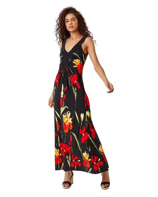 Roman Red Floral Contrast Band Maxi Dress