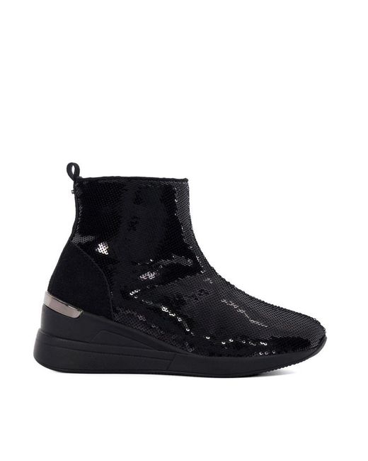 Dune Blue Sequin Wedge Ankle Boots