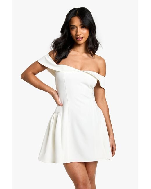 Boohoo White Petite Bardot Foldover Skater Dress