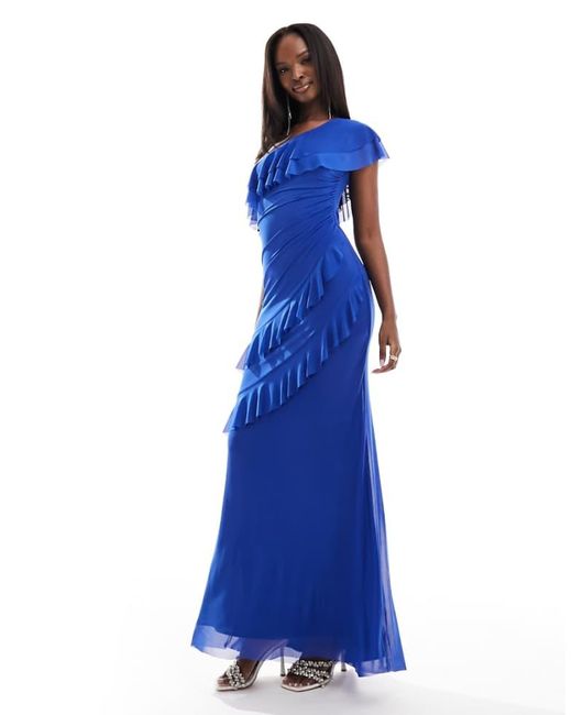 Flounce London Blue One Shoulder Mesh Maxi Dress