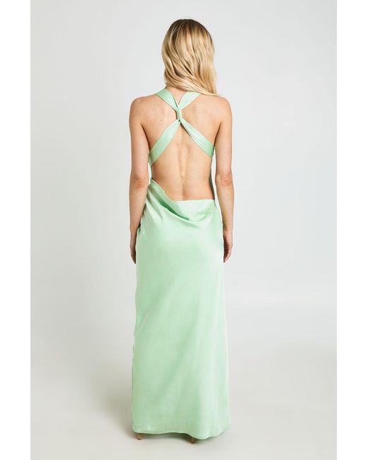 Boohoo Green Petite Drape Back Satin Maxi Dress
