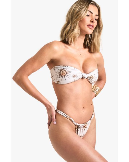 Boohoo Natural Celestial Print Knot Front Bandeau Bikini Top & Tanga Bikini Bottoms Set