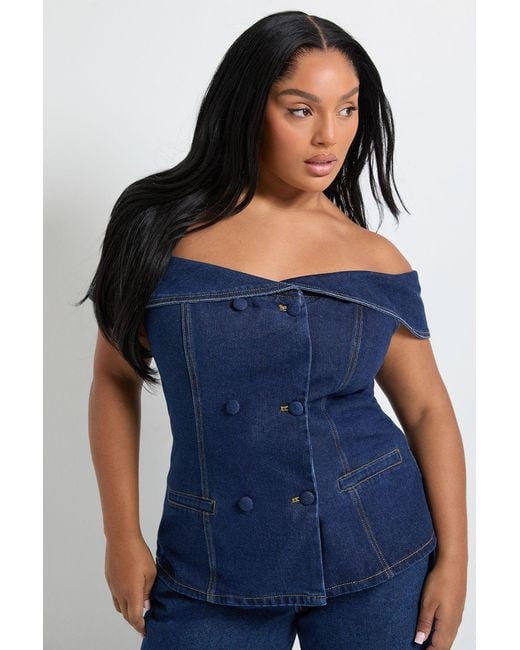 Boohoo Blue Plus Bardot Button Down Denim Top