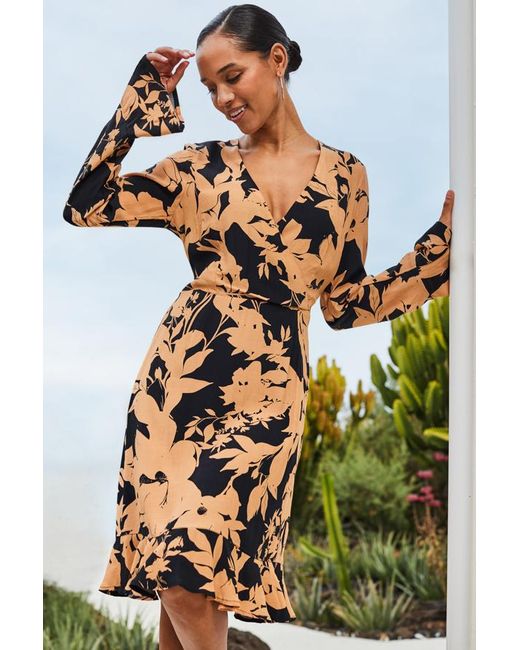 Sosandar Natural Floral Print Fit & Flare Wrap Dress